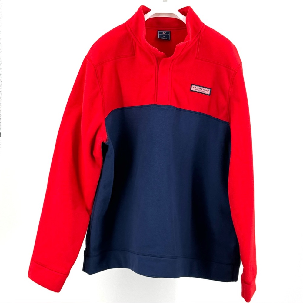 Vineyard Vines Men’s Red Navy Blue Colorblock Harbor Fleece Quarter-Snap Size XL
